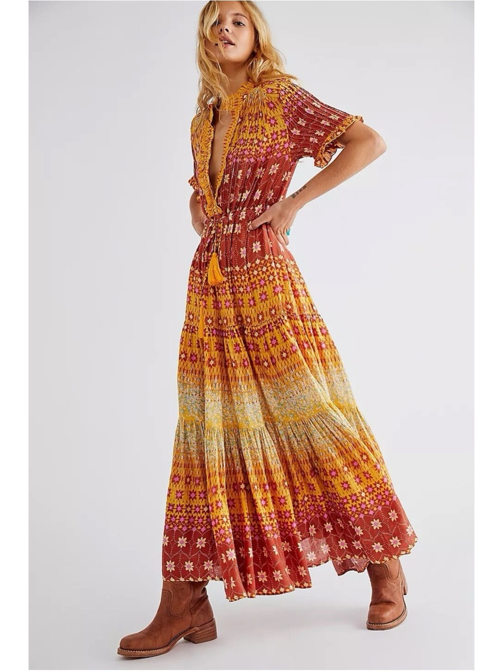 Free People Rare Feelings Tiered Maxi Dress Boho Festival Sz L